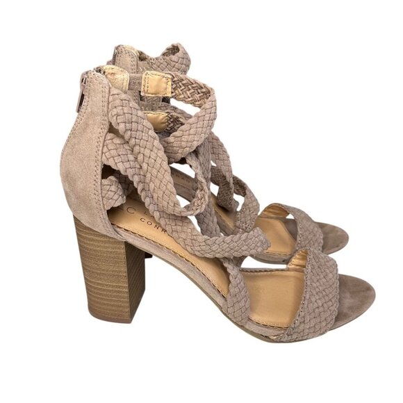 LC Lauren Conrad Aventurine Heels Sz 7.5 Beige Faux Suede Zip High Heel Sandals - Picture 2 of 8